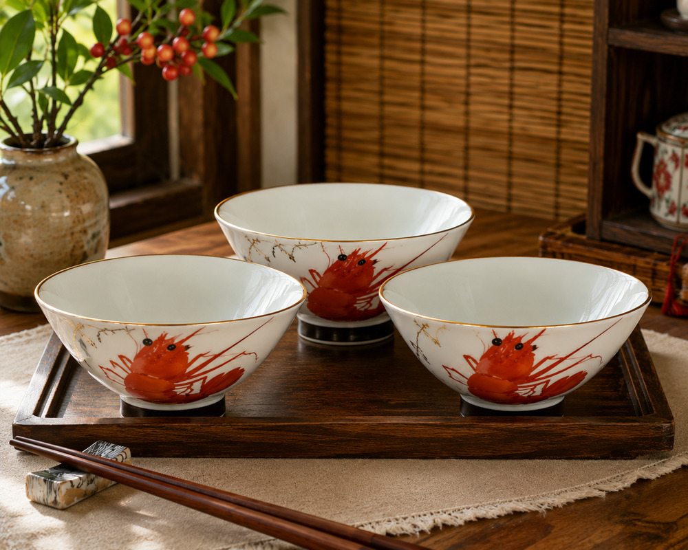 Vintage Chinese Porcelain Shrimp Bowls Set 4 Hand Painted Prawn Gold Footed